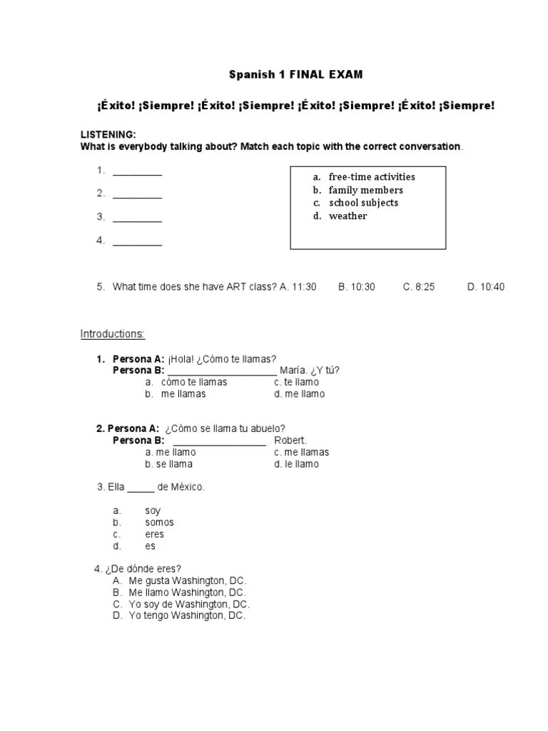 Spanish 1 Final Exam Ocio