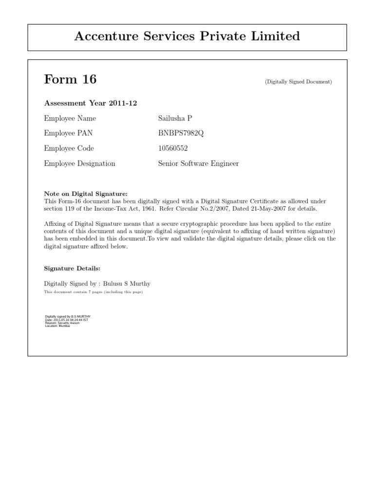 Accenture Form 16 Employee Benefits Tax