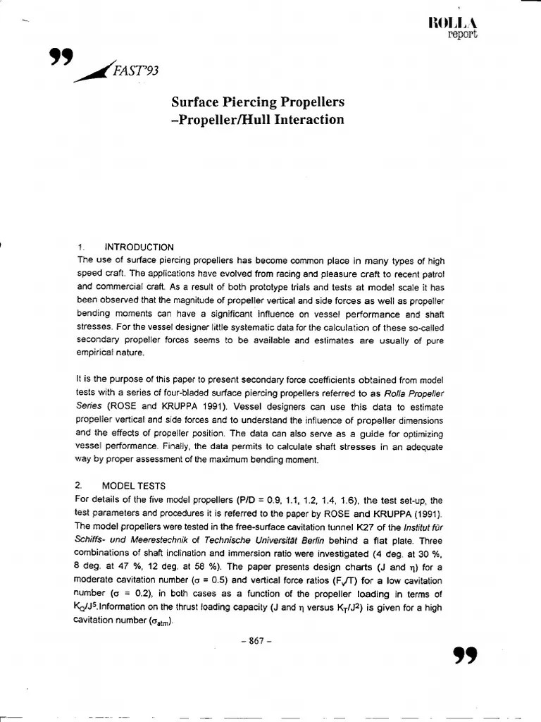 Surface Piercing Propellers PropellerHull Interaction Rolla Propellers 1993 PDF