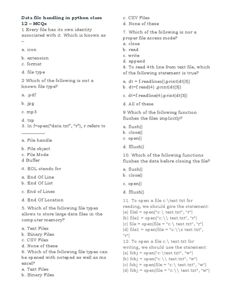 Data File Handling in Python Class 12 Mcqs PDF Text File Computer File
