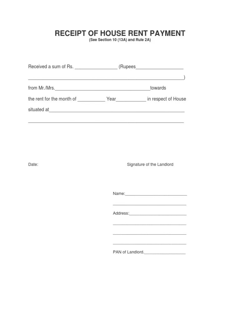 Receipt of House Rent Payment (See Section 10 (13A) and Rule 2A) PDF