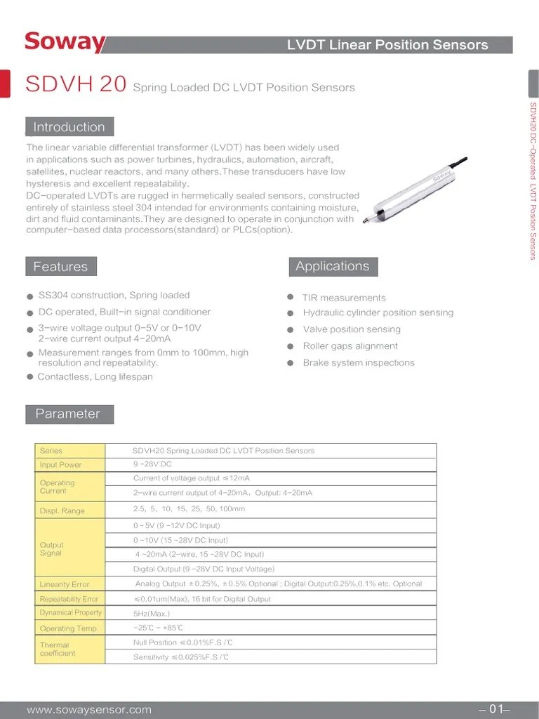 Spring Loaded DC LVDT Position Sensors Technical Specifications