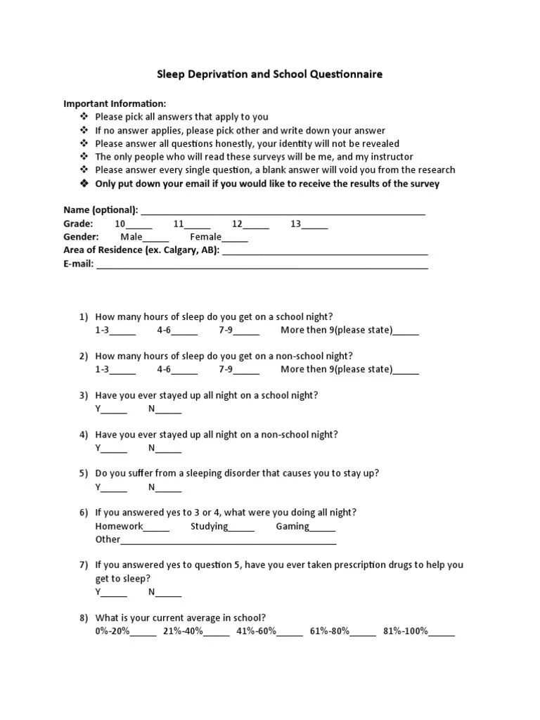 Sleep Deprivation and School Questionnaire