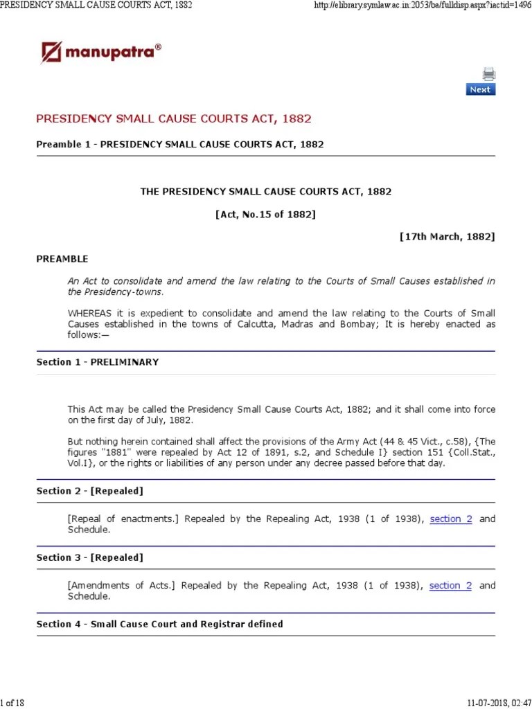 Presidency Small Causes Court Act 1882 Download Free PDF Lawsuit