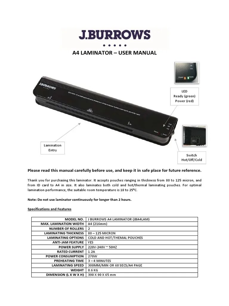 J.Burrows A4 Home Laminator User Instructions PDF Equipment