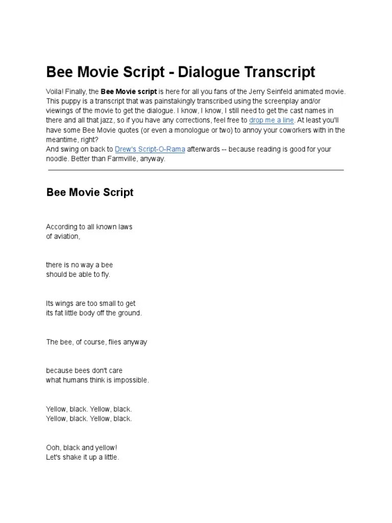 Bee Movie Script Dialogue Transcript PDF