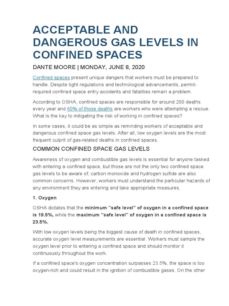 Acceptable and Dangerous Gas Levels in Confined Spaces PDF Combustion Gases