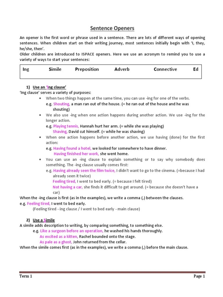 Sentence Openers Ing Simile Preposition Adverb Connective Ed PDF