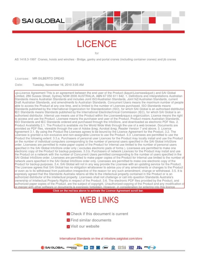 As 1418.031997 Cranes Hoists and Winches Bridge Gantry and Portal