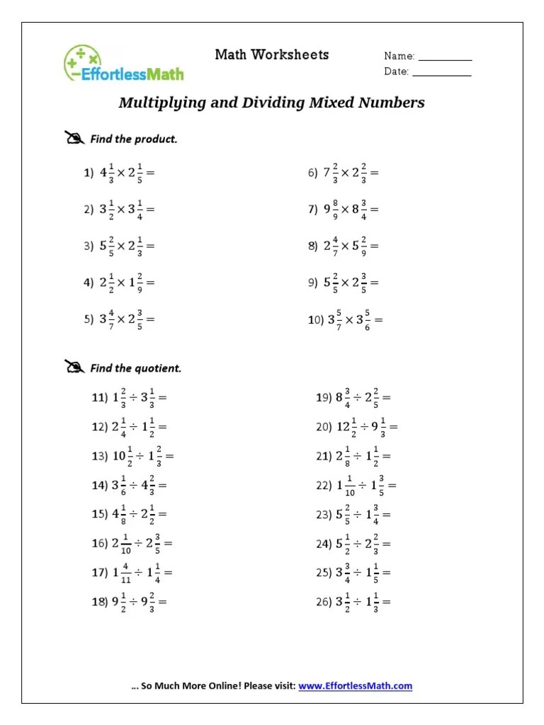 Multiplying and Dividing Mixed Numbers PDF Division (Mathematics