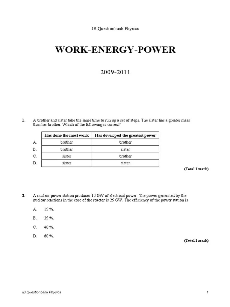 Work-Energy-Power: IB Questionbank Physics | PDF | Force | Mass