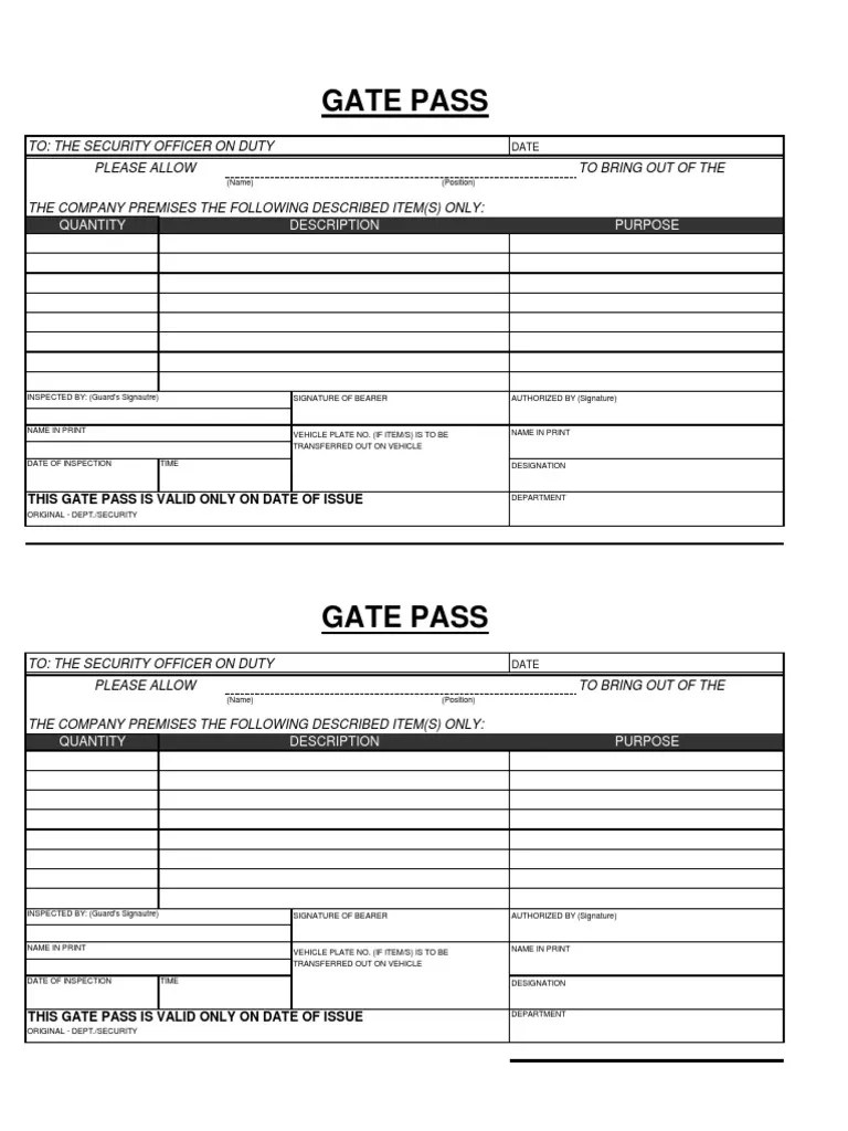 Gate Pass Form PDF