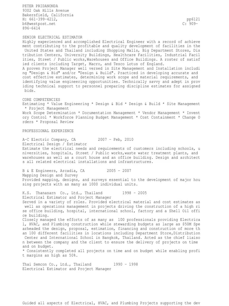 Senior Electrical Estimator or Senior Project Manager Project