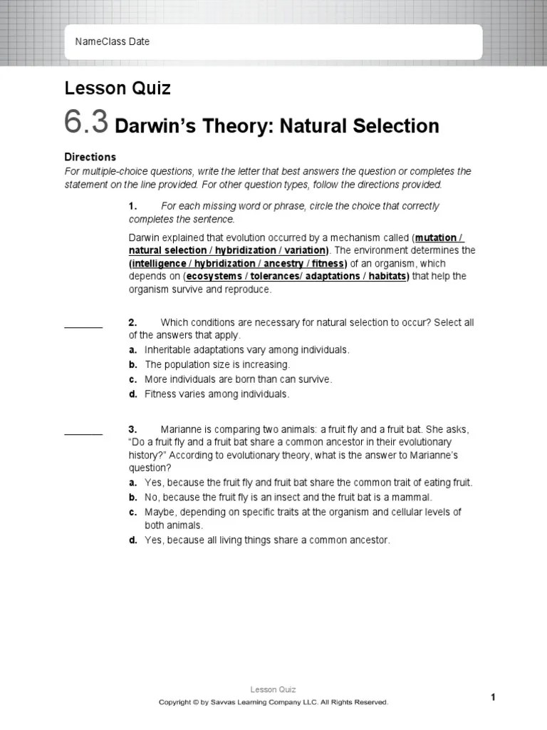 Darwin's Theory Natural Selection Lesson Quiz PDF
