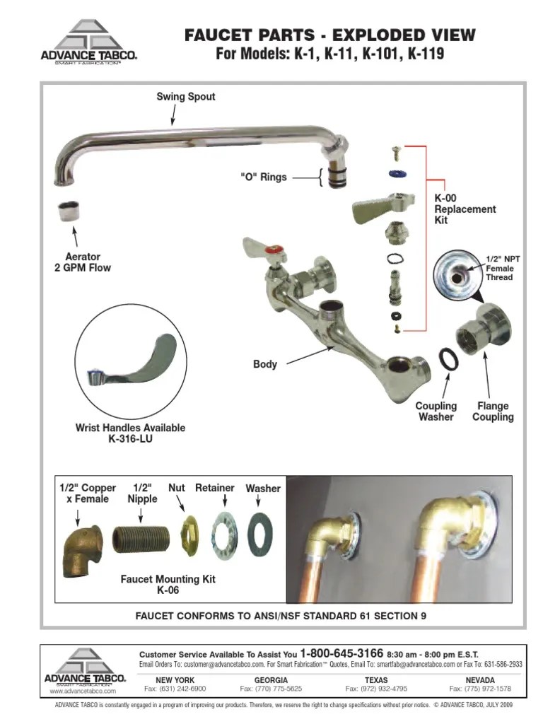 Faucet Parts Exploded View For Models K1, K11, K101, K119