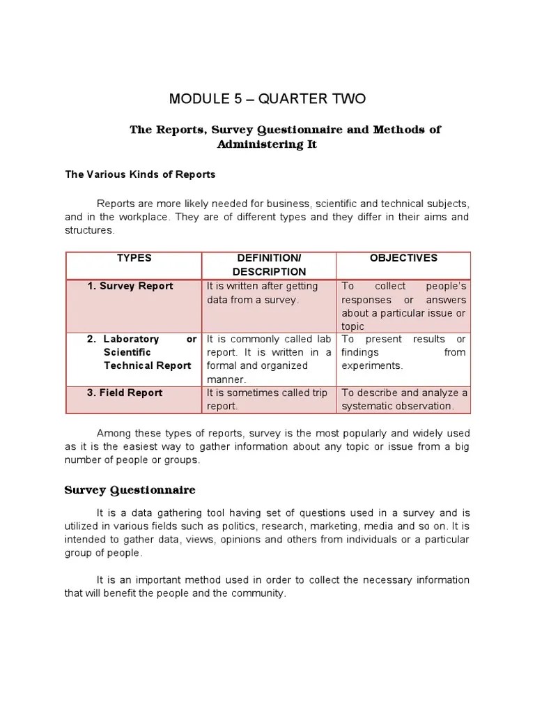 Module 5 Quarter Two The Reports, Survey Questionnaire and Methods