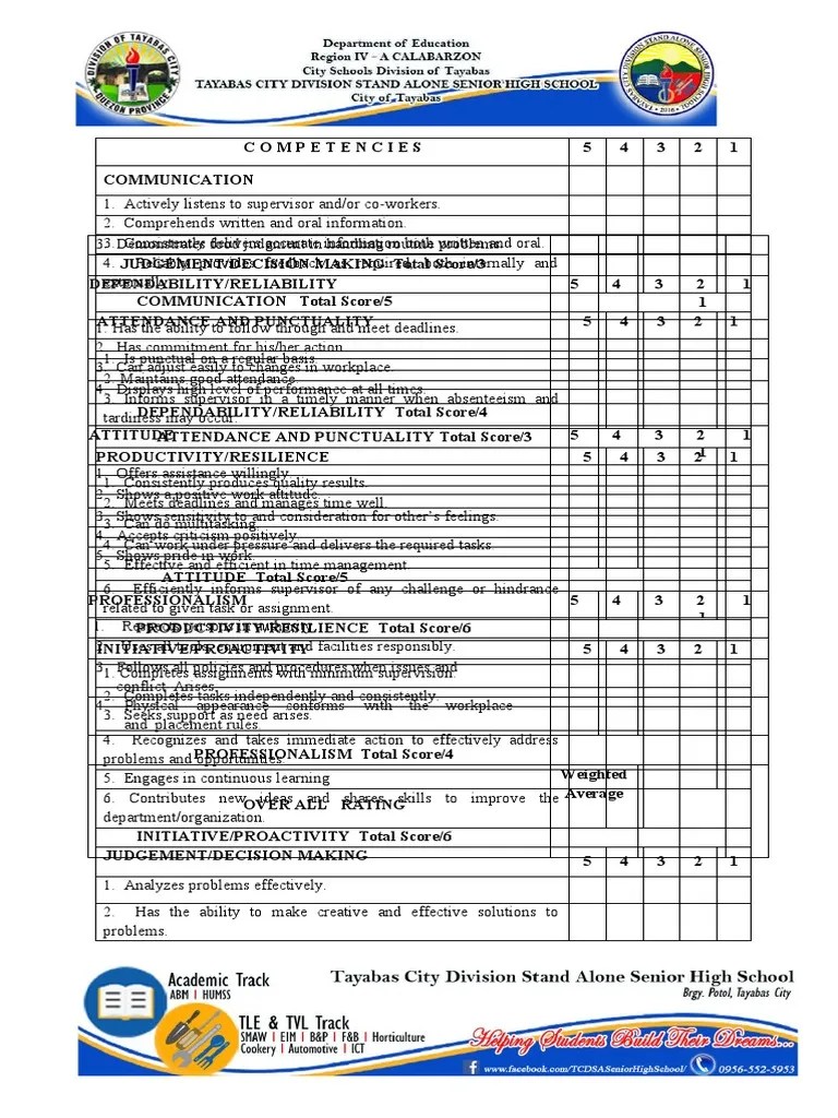 Work Immersion Rating Sheet PDF