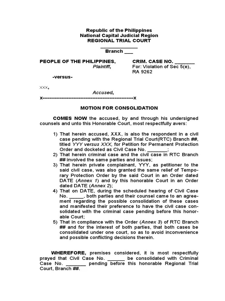 Motion for Consolidation Sample PDF Lawsuit Lawyer