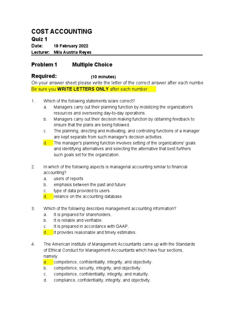 Cost Accounting Quiz 1 PDF Accounting Management Accounting