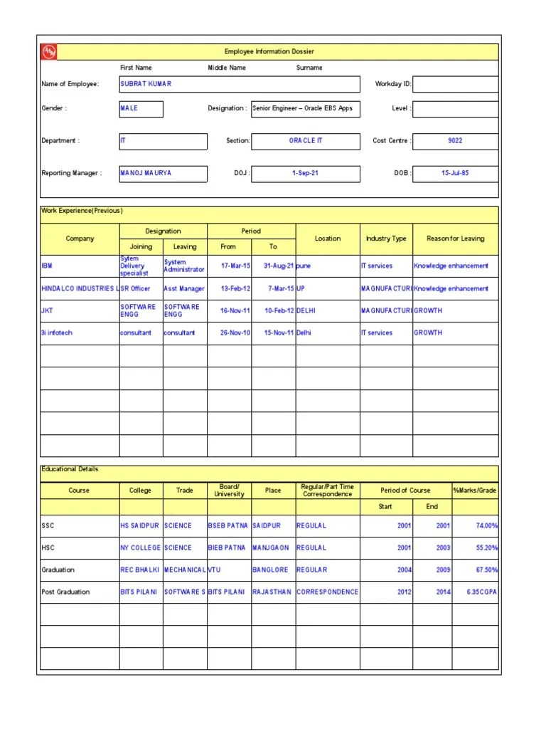 Employee Joining Form Template PDF