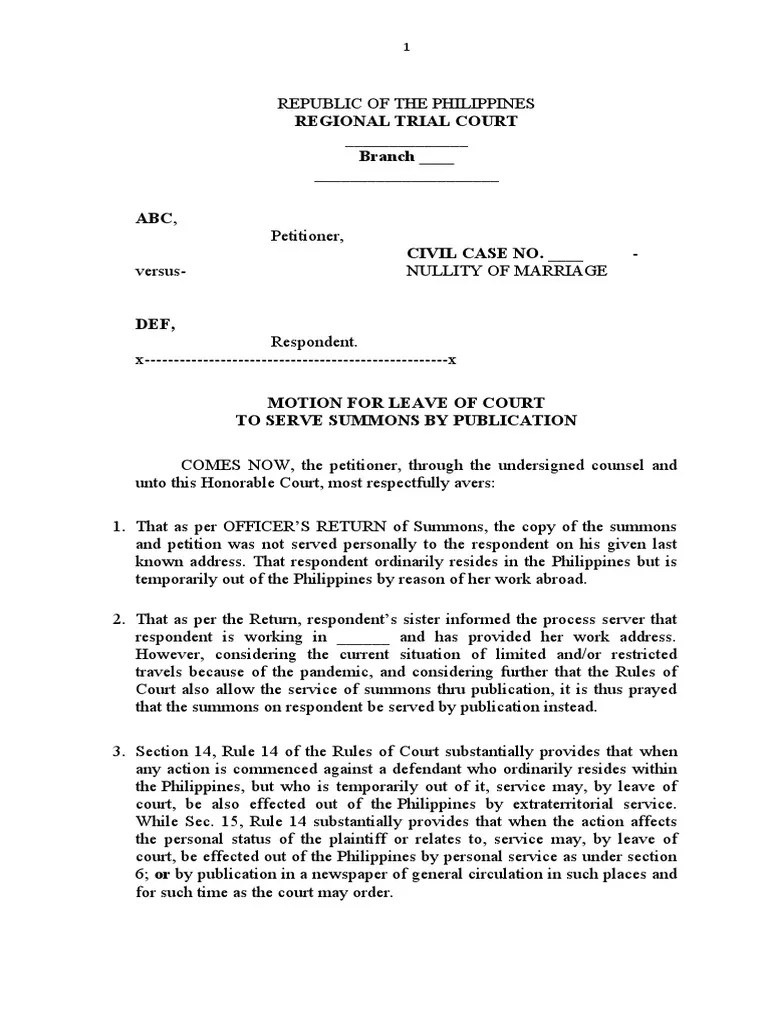 Motion To Serve Summons Thru Publication Download Free PDF Lawsuit