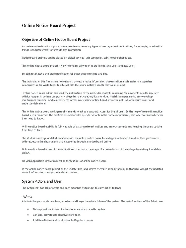 Objective of Online Notice Board Project PDF World Wide 