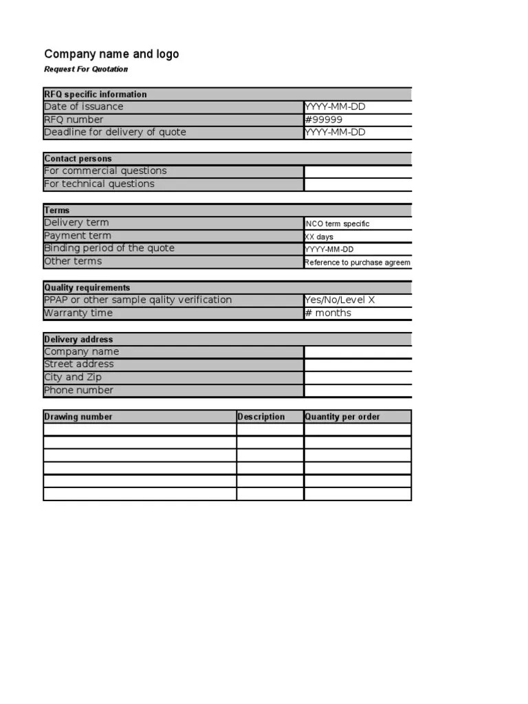 Request For Quotation RFQ Template