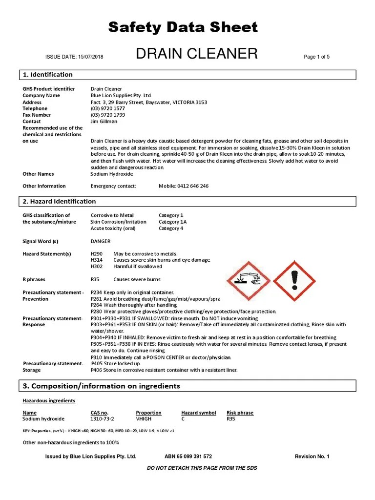 Drain Cleaner Safety Data Sheet Download Free PDF Dangerous Goods