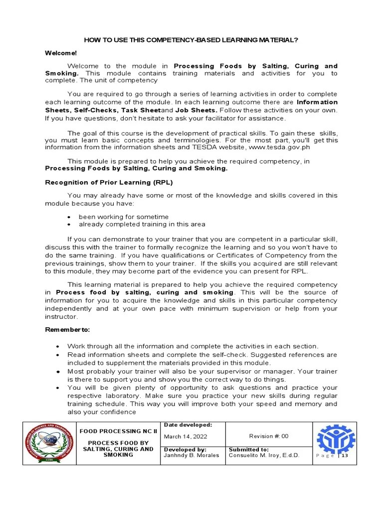 Food Processing NC Ii Process Food by Salting, Curing and Smoking Date