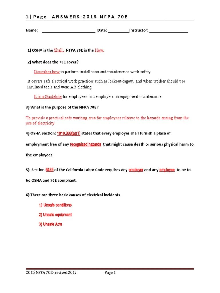 1 Page ANSWERS2015 NFPA 70E 1) Unsafe Conditions PDF