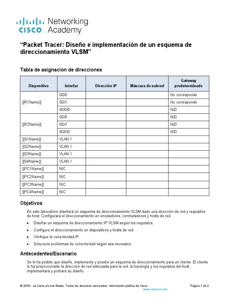 11.10.1 Packet Tracer Design and Implement A VLSM Addressing Scheme PDF