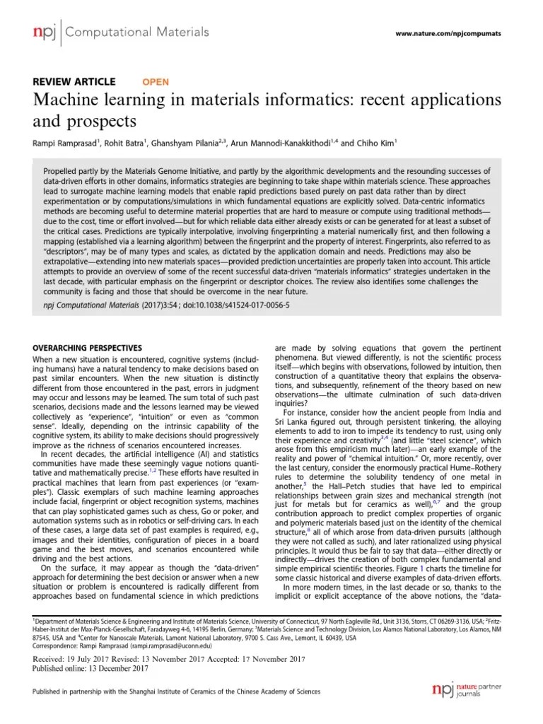 Machine Learning in Materials Informatics Recent Applications and Prospects Download Free PDF