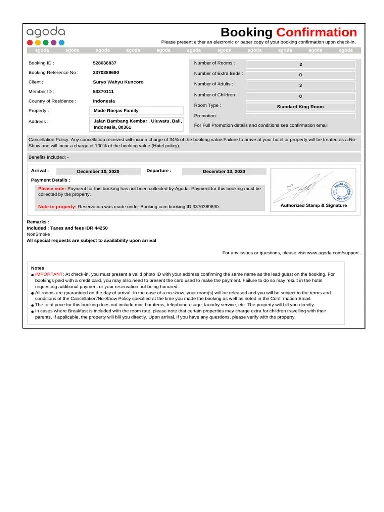 Invoice Hotel From Agoda PDF Payments Credit Card
