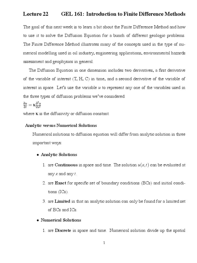 GEL 161 Introduction To Finite Difference Methods Analytic Versus Numerical Solutions PDF