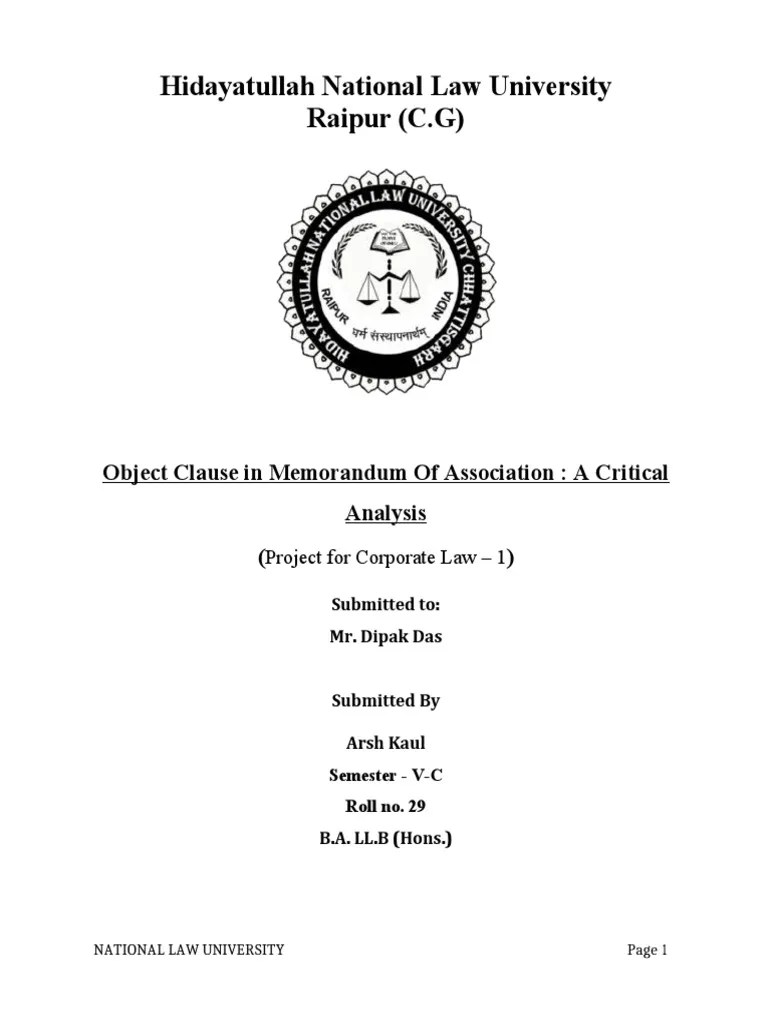 Hidayatullah National Law University Raipur (C.G) Object Clause in