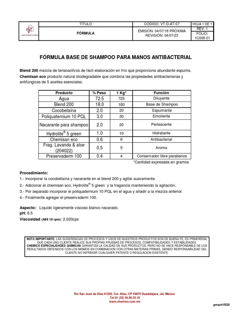 Formula Shampoo PDF Materiales Sustancias químicas