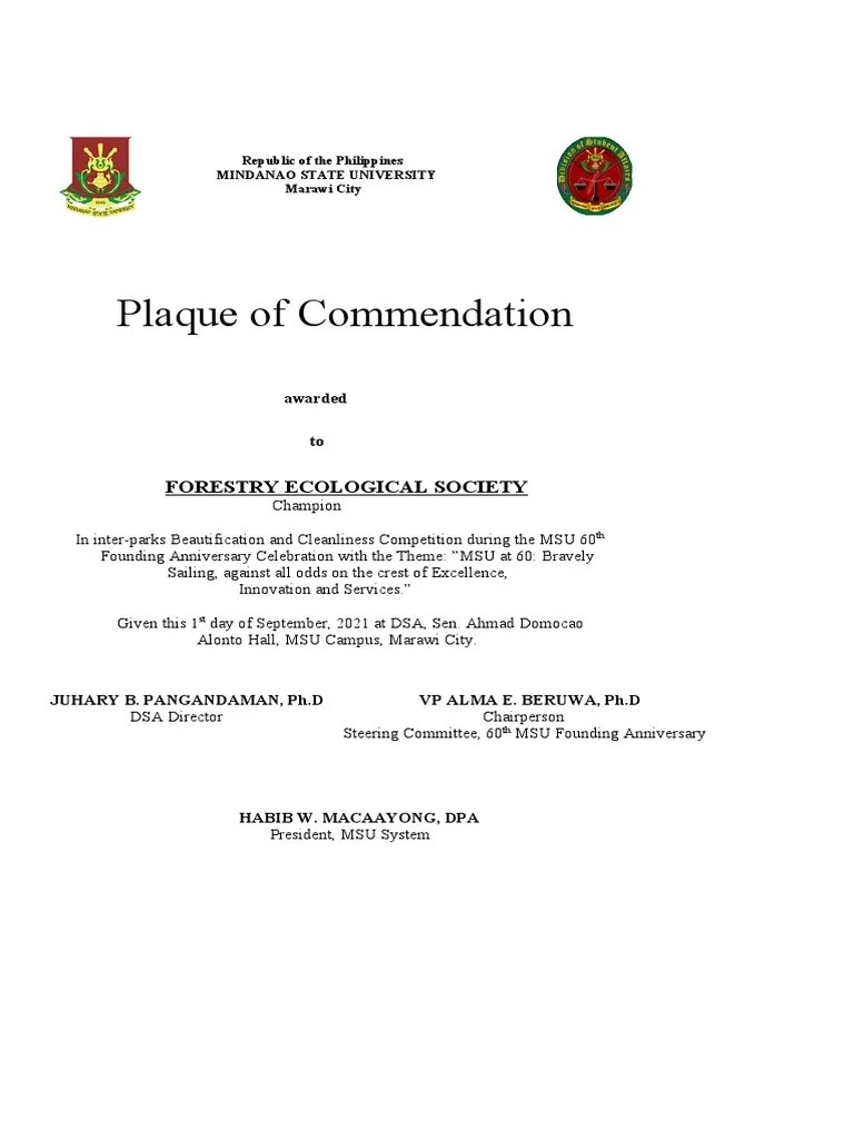 Plaque of Commendation PDF