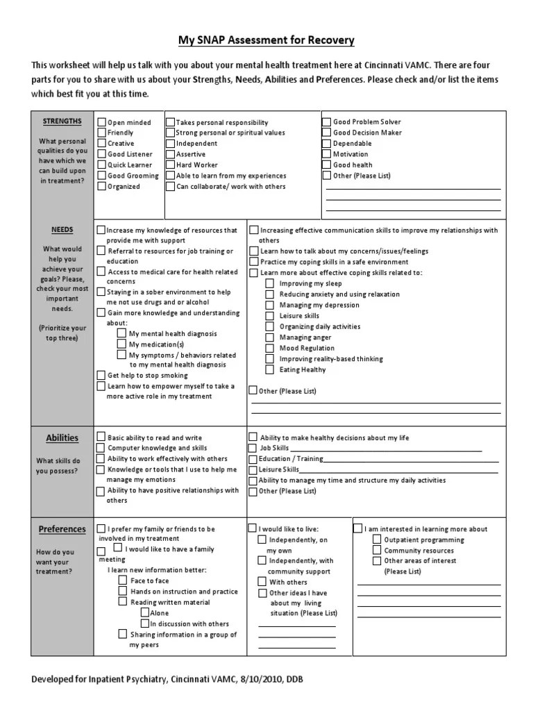 My SNAP Assessment For Recovery S N A P PDF Mental Health Psychology