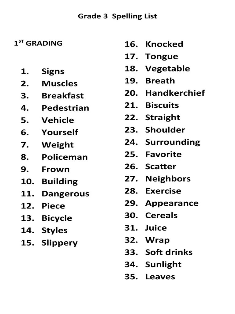 Grade 3 Spelling List