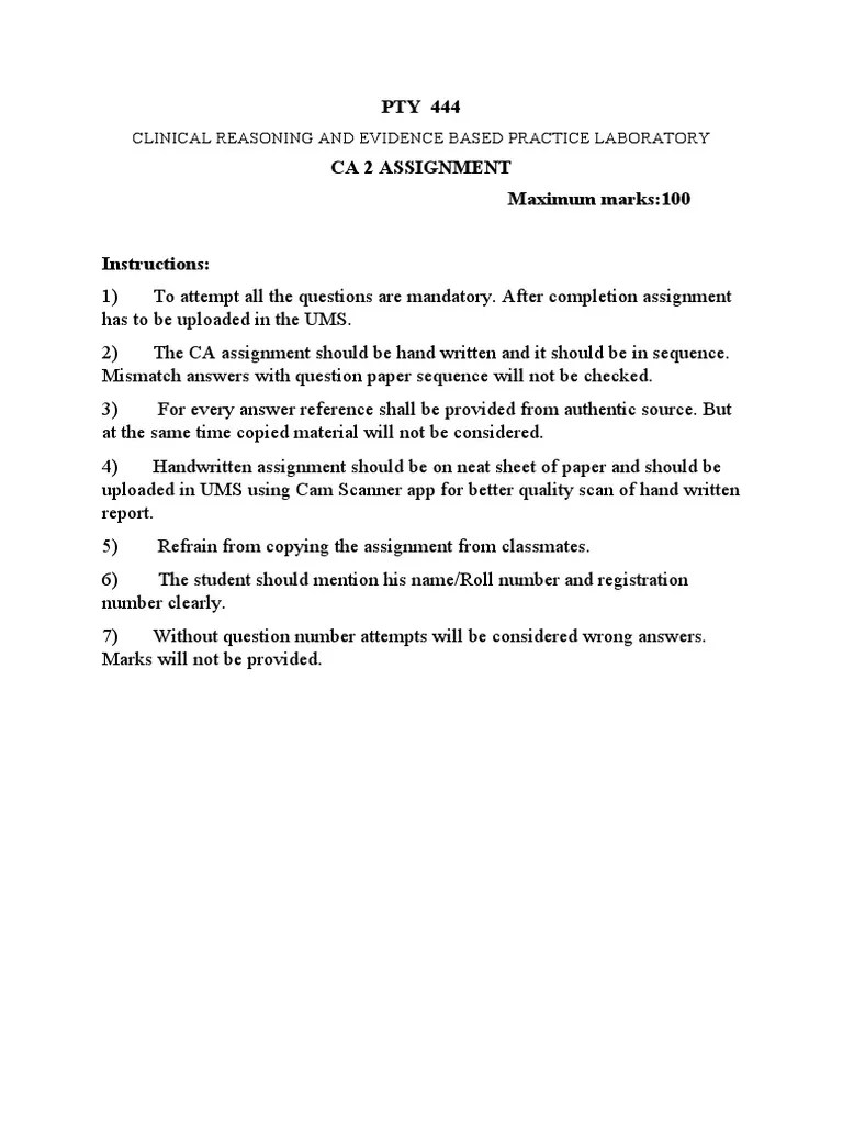PTY 444 Ca 2 Assignment Maximum Marks100 Instructions Clinical