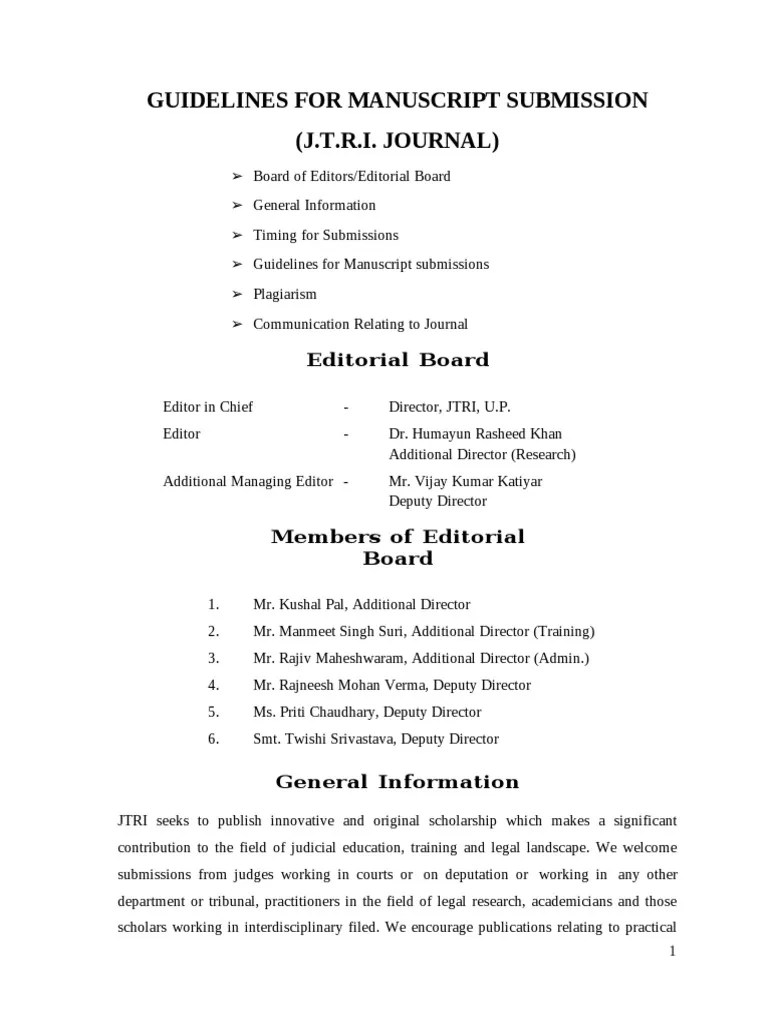 Guidelines For Manuscript Submission (J.T.R.I. JOURNAL) Editorial