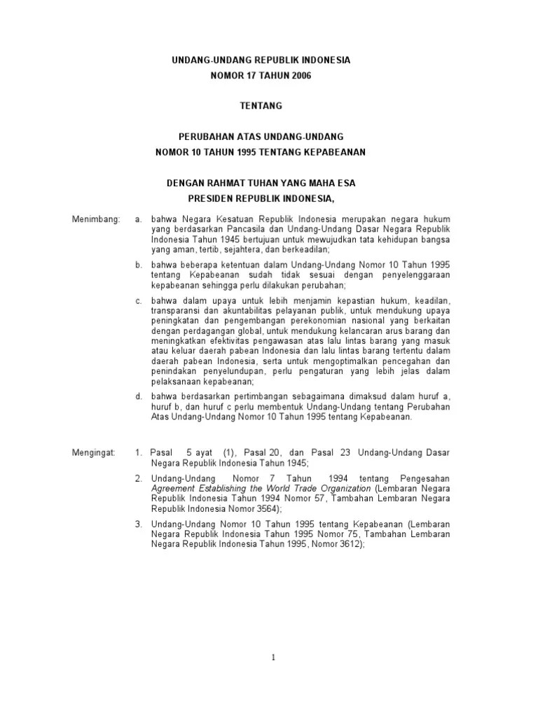 UndangUndang Kepabeanan (Dalam Satu Naskah)