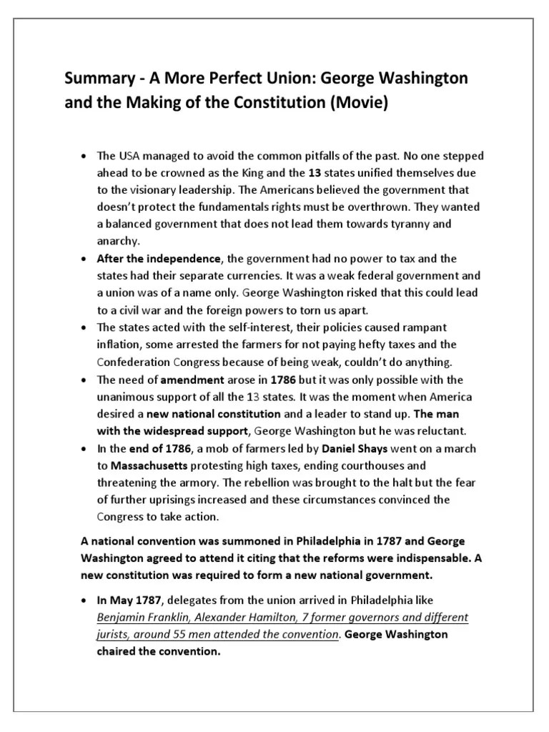 Summary of A More Perfect Union Washington and US