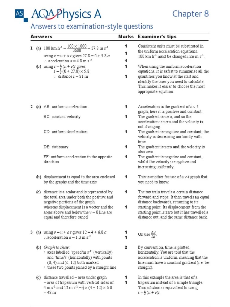 AQA AS Physics A chapter 8 textbook answers Acceleration