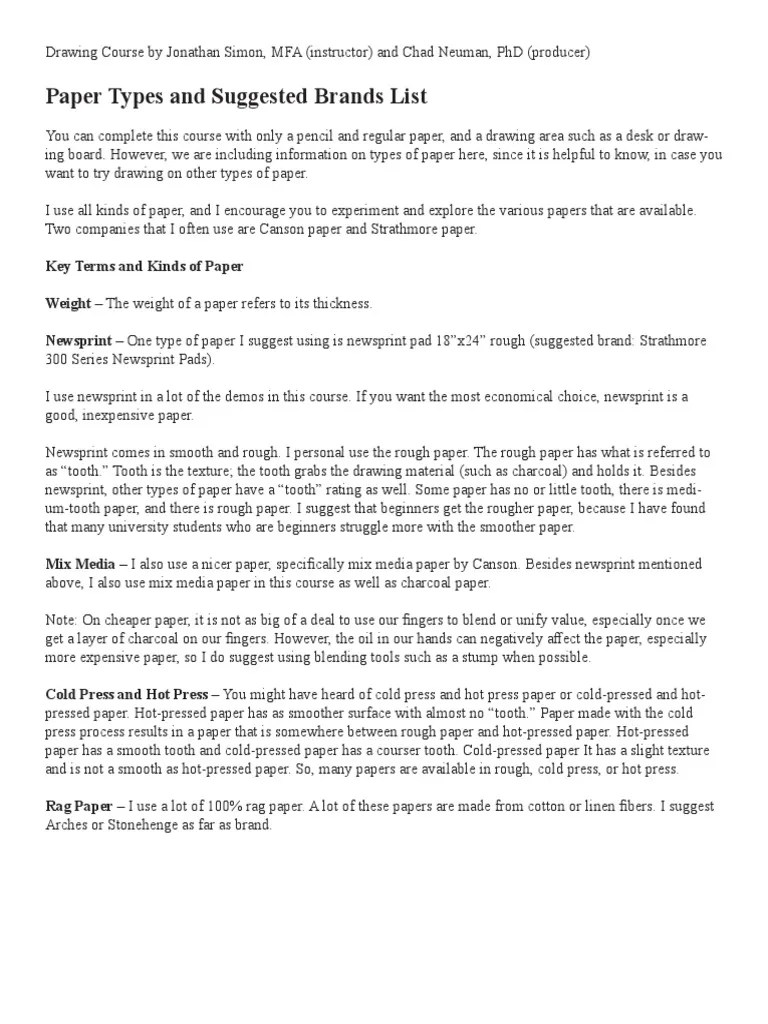 Paper Types and Suggested Brands List PDF Paper Materials