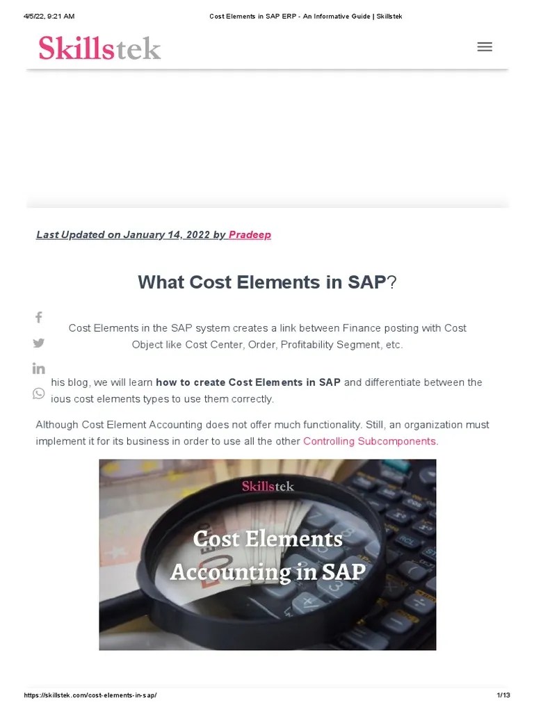 Cost Elements in SAP ERP An Informative Guide Skillstek PDF