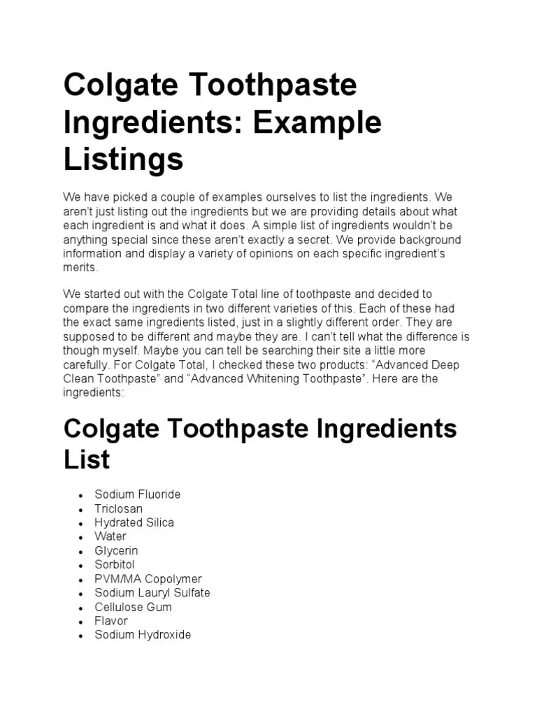 Colgate Toothpaste Ingredients PDF Chemistry Chemical Compounds