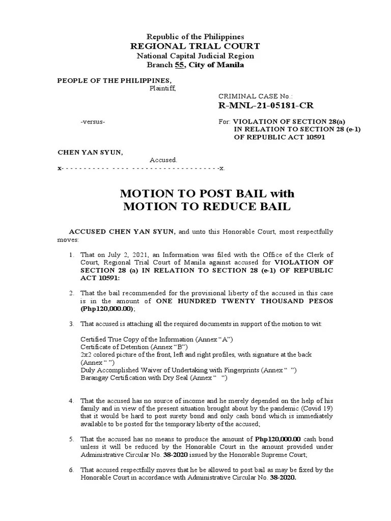 Motion To Post With Motion To Reduce PDF Bail Justice