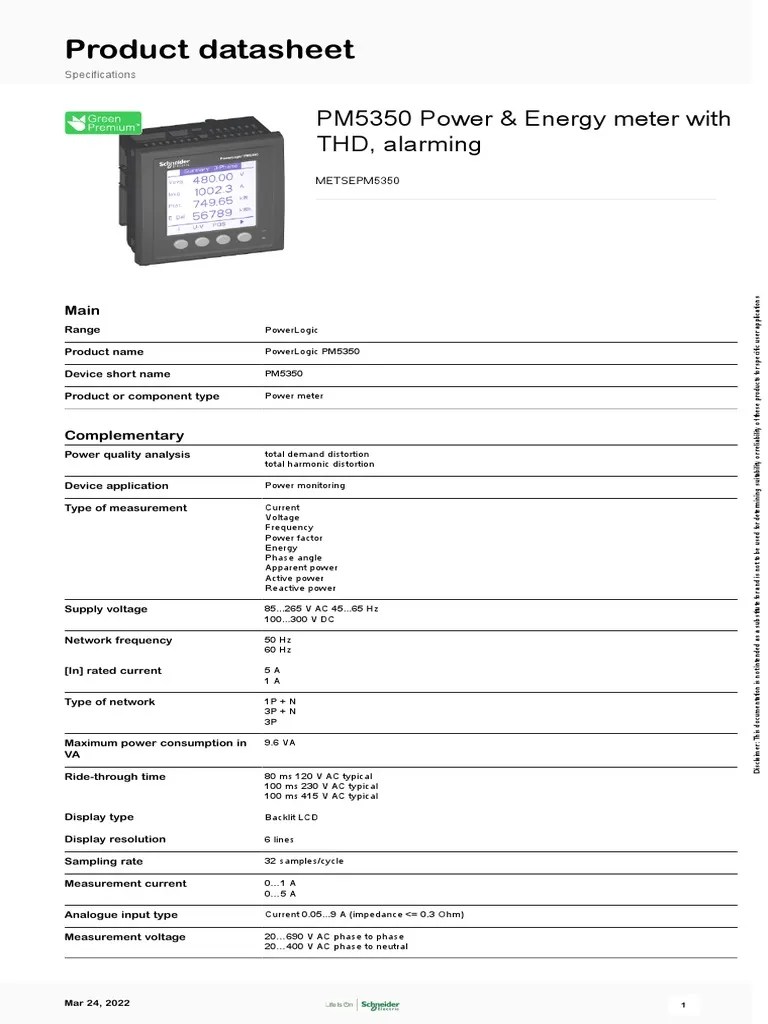 Product Datasheet PM5350 Power & Energy Meter With THD, Alarming PDF Alternating Current