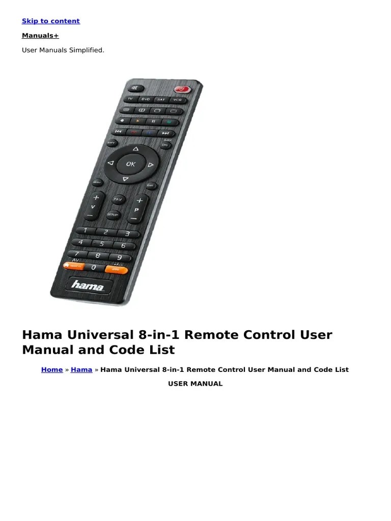 Hama Universal 8 in 1 Remote Control User Manual and Code List PDF
